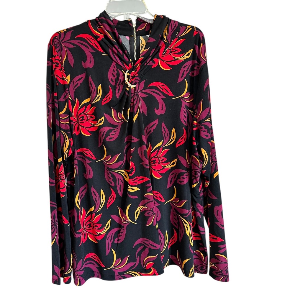 Liz Claiborne Women 2X Artsy Black Dark Floral Zip Back Gold Gathered Neck Top